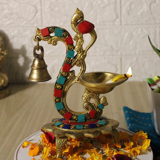 Brass Multicolor Bird Peacock Traditional Hanging Bell Diya Oil Lamp Stand Diwali Puja Home Office Temple , 8 Inches