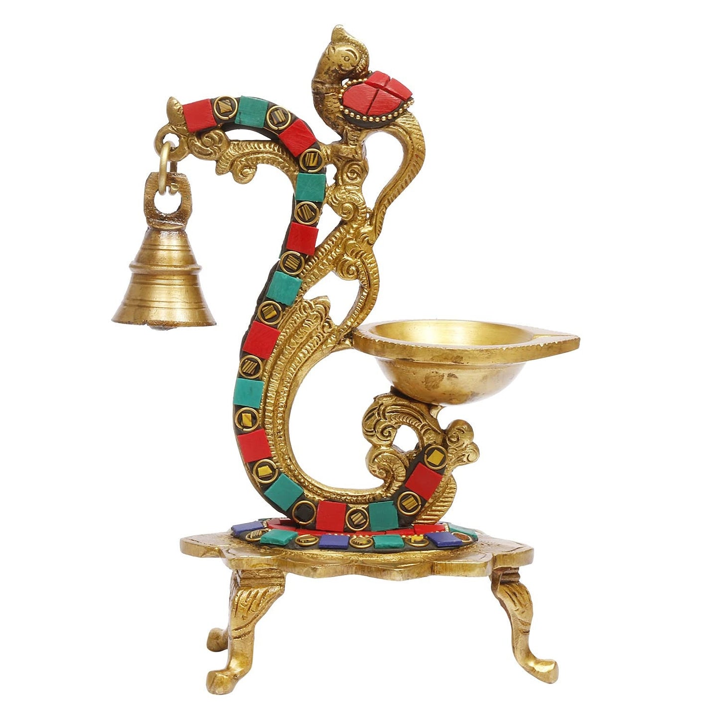 Brass Multicolor Bird Peacock Traditional Hanging Bell Diya Oil Lamp Stand Diwali Puja Home Office Temple , 8 Inches