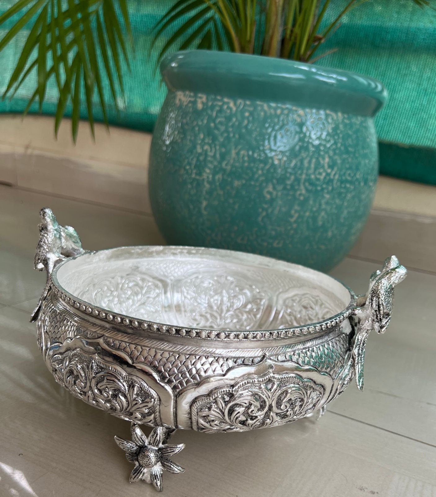 German Silver Decorative Parrot Urli (Bowl)