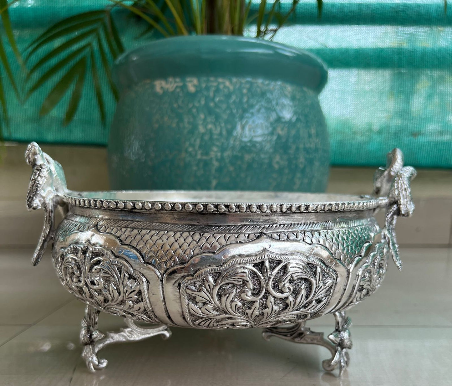 German Silver Decorative Parrot Urli (Bowl)