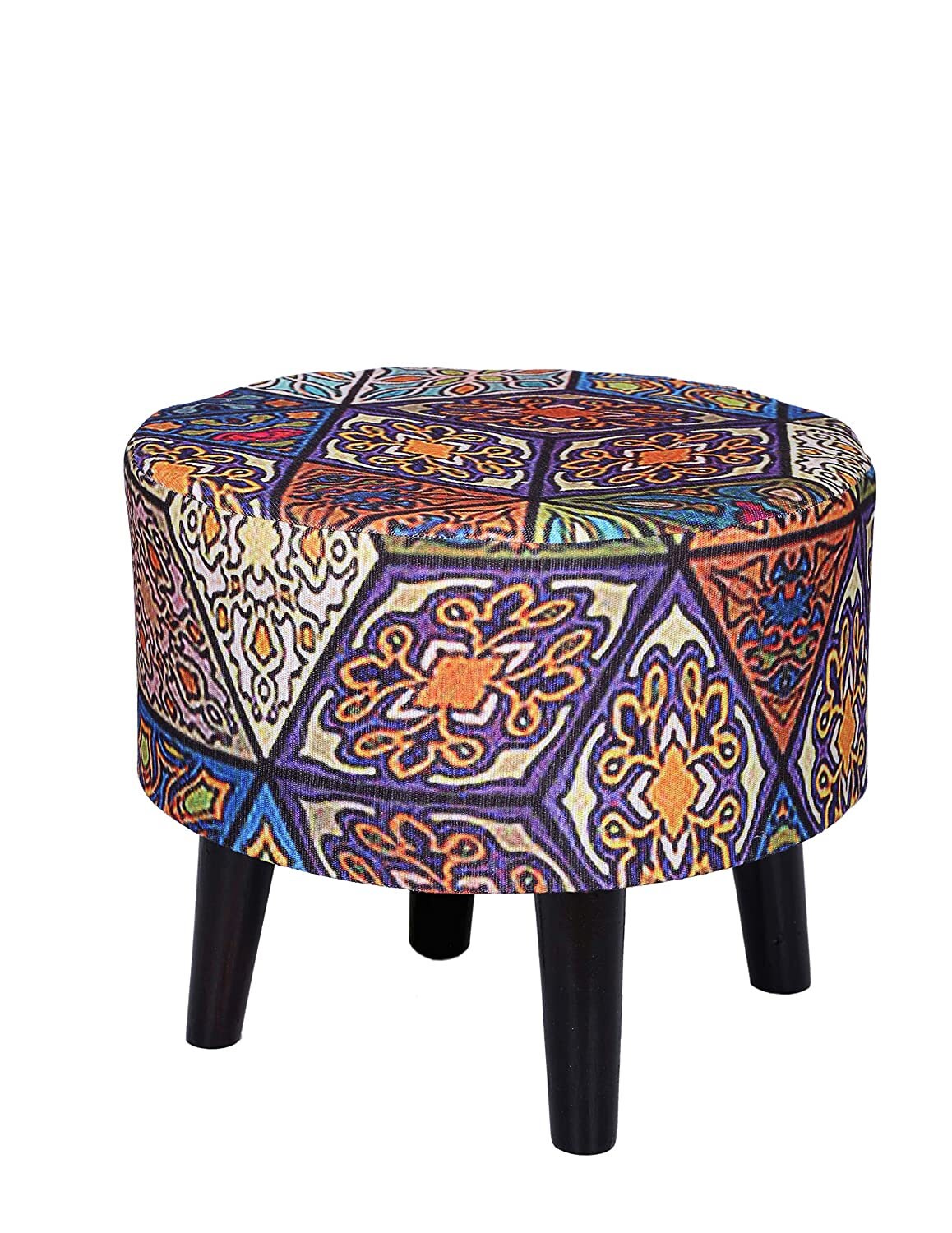 Cotton Canvas Side Stool Printed Ottoman Upholstered Foam Cushioned Pouffe Puffy Coffee Table for Living Room with 4 Wooden Legs.
