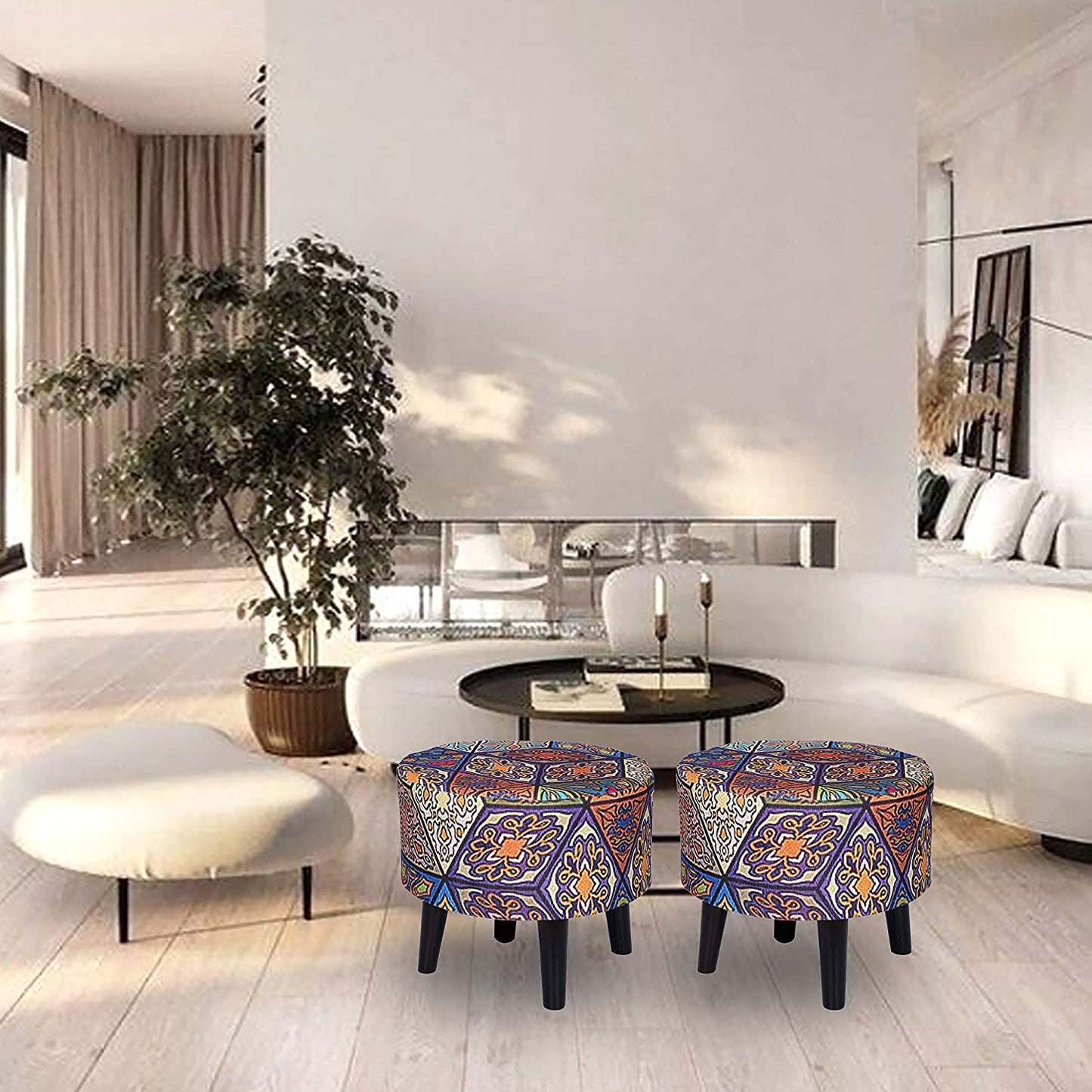 Cotton Canvas Side Stool Printed Ottoman Upholstered Foam Cushioned Pouffe Puffy Coffee Table for Living Room with 4 Wooden Legs.