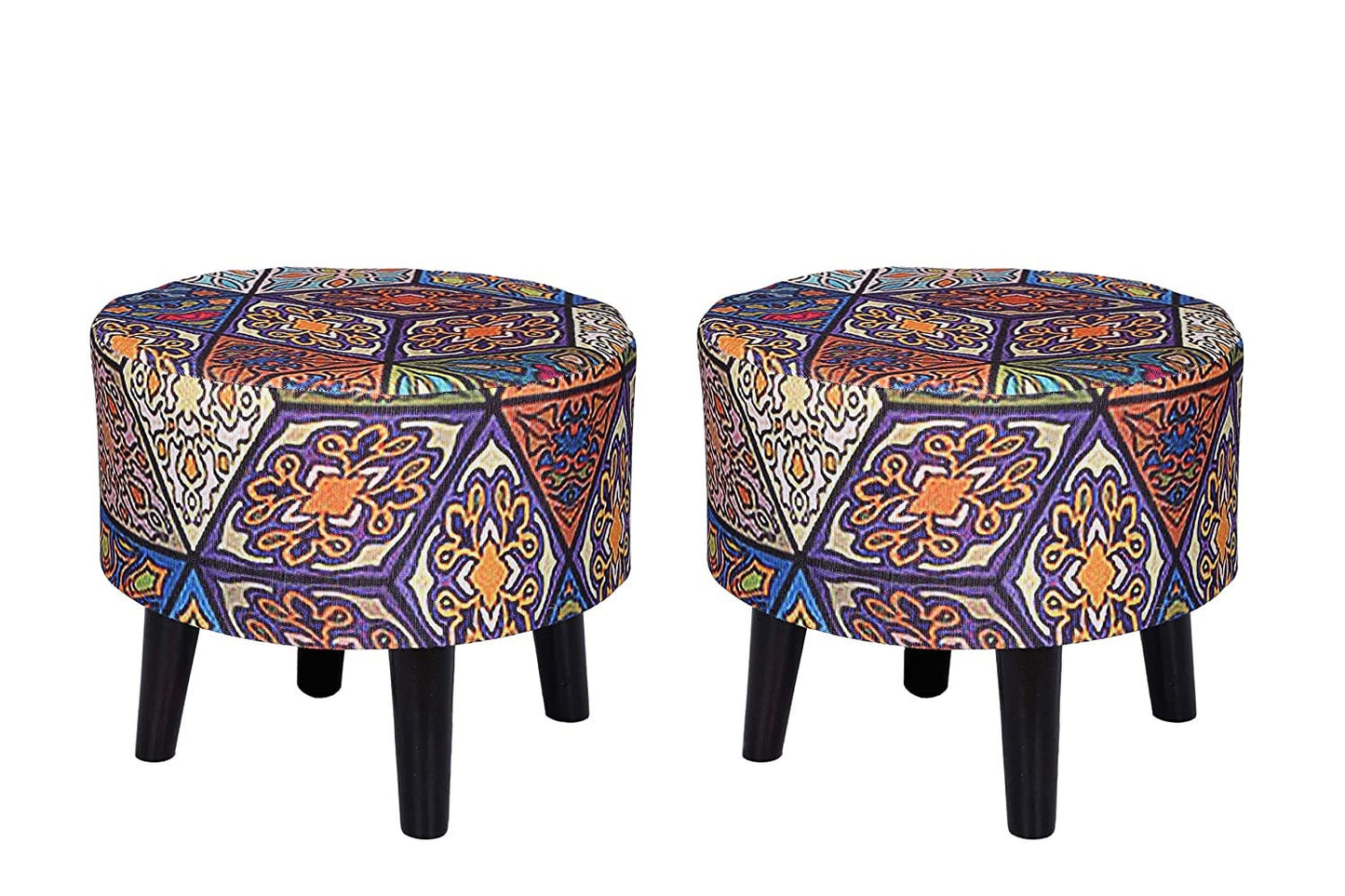 Cotton Canvas Side Stool Printed Ottoman Upholstered Foam Cushioned Pouffe Puffy Coffee Table for Living Room with 4 Wooden Legs.