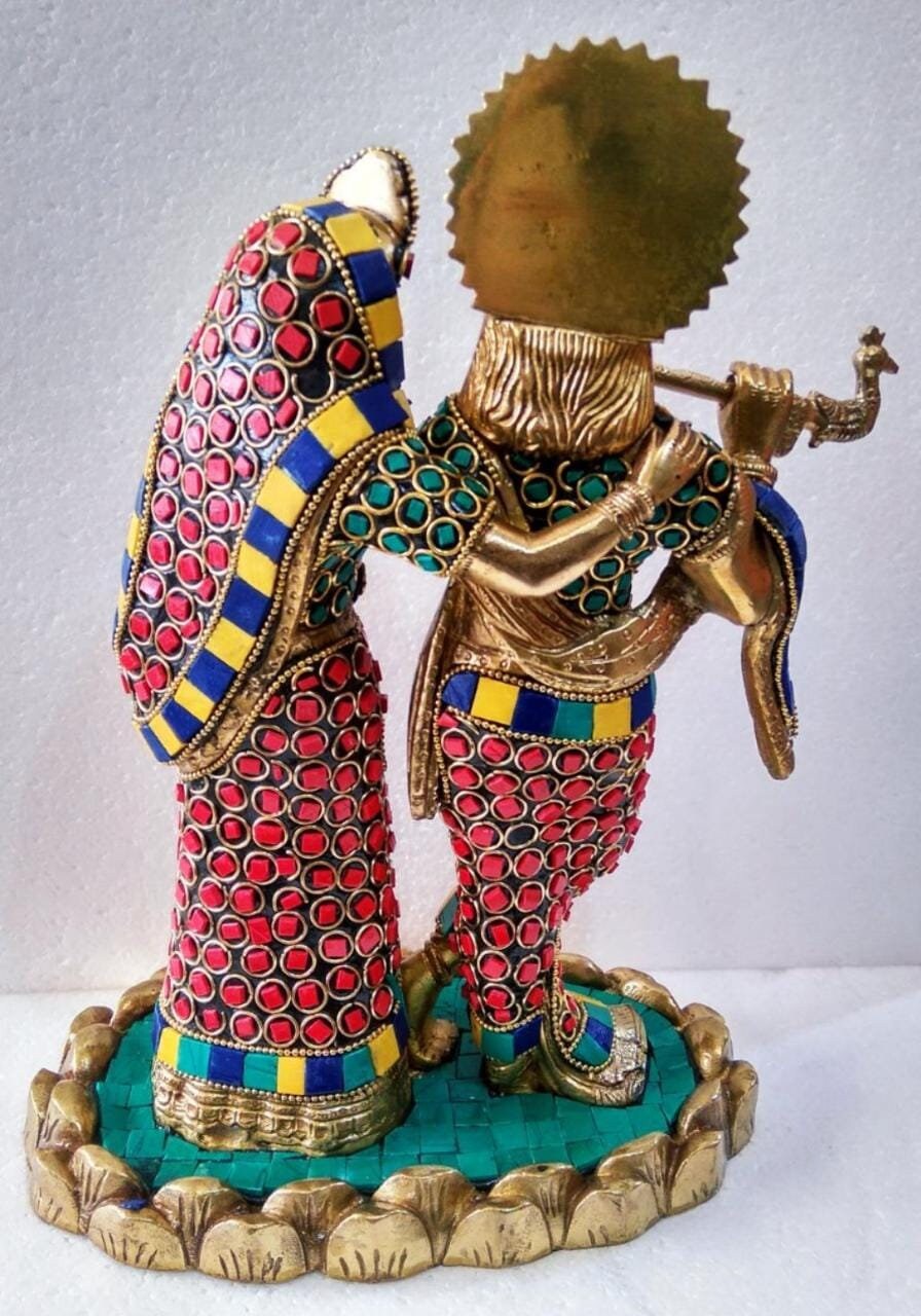 Brass Radha Krishan idol with coloured stones