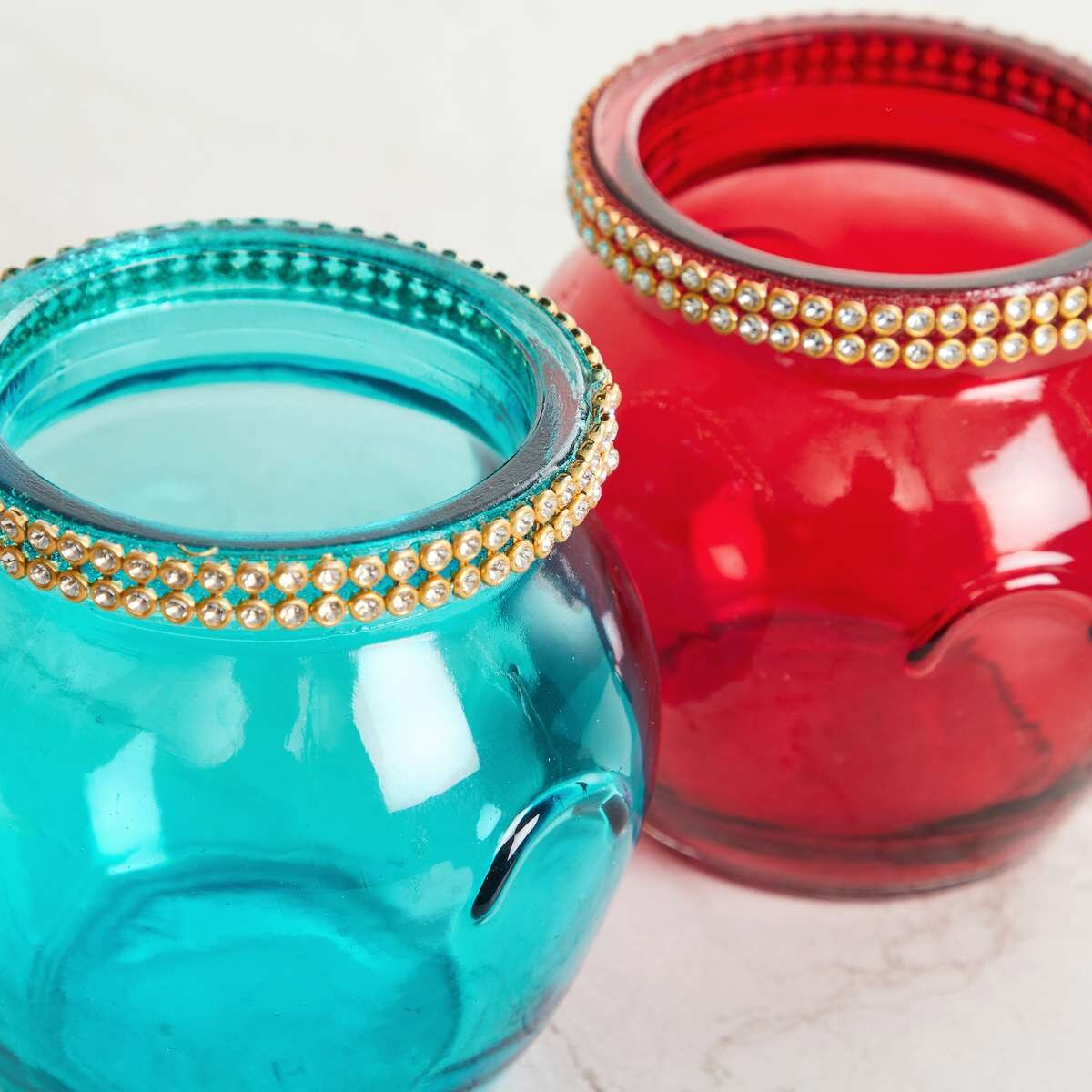 Textured Glass Multicolour Votive Holder - Set of 3 Pcs