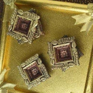 Terracotta Swastik tealight holder (Diwali diya) set in metallic colour. Set of 4, Earthen lamps, Diyas.