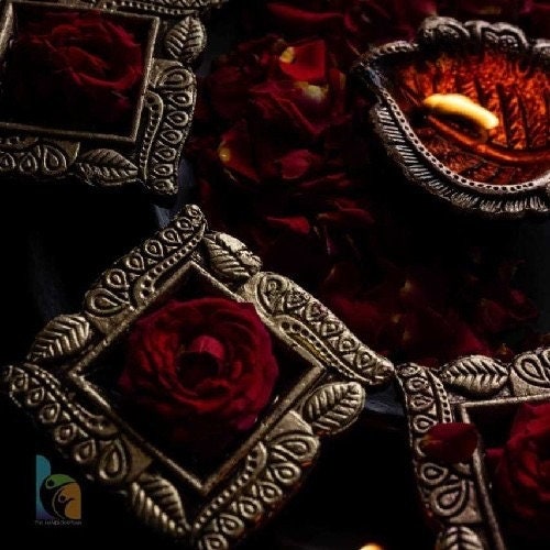 Terracotta Swastik tealight holder (Diwali diya) set in metallic colour. Set of 4, Earthen lamps, Diyas.