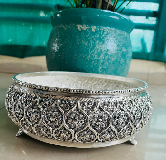 German Silver Decorative Urli with intricate carving.