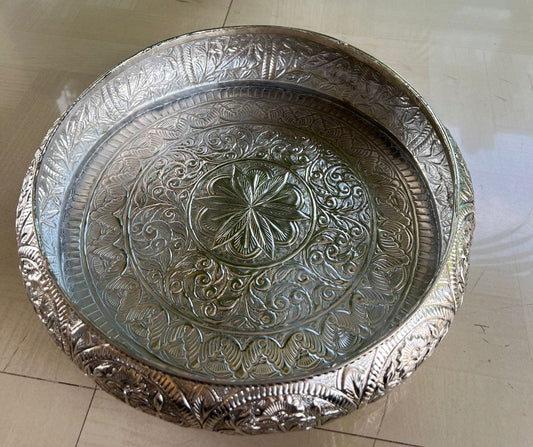 German Silver Decorative Urli with intricate carving.