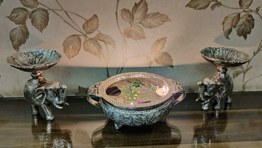 German Silver Decorative Urli with  a pair of Elephant bowl