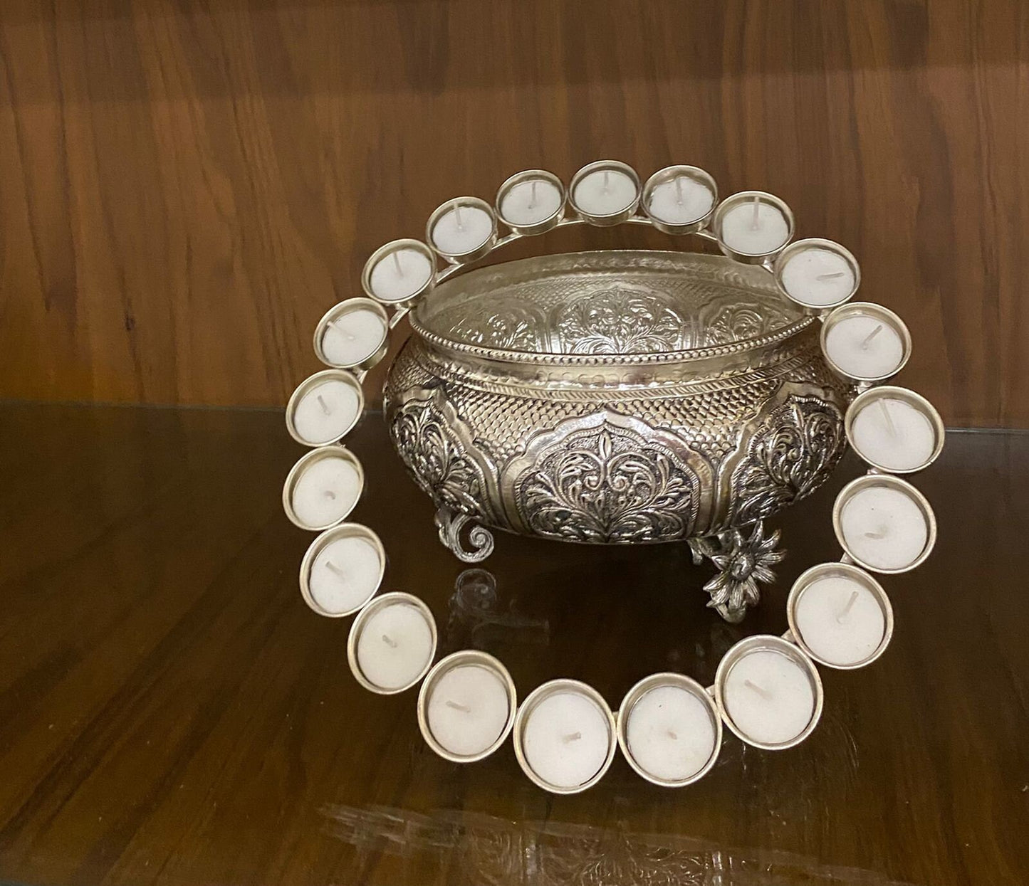 Silver plated handcrafted decorative Urli with detatchable tlight holder. Diwali gift, Wedding gift, home decor