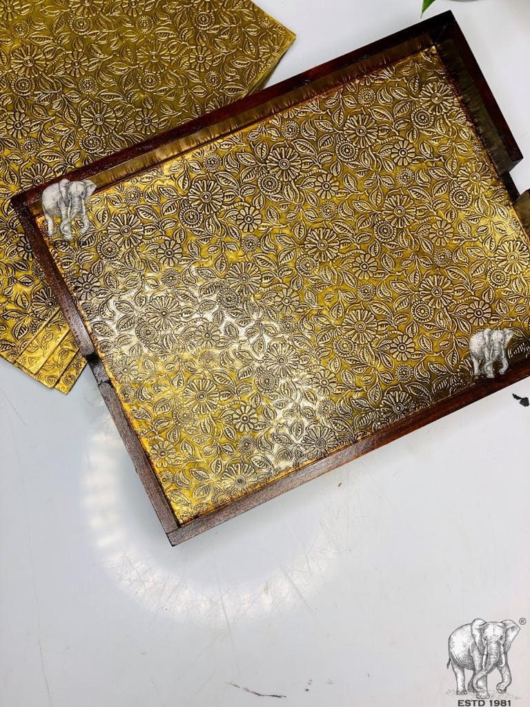 Handcrafted Elegant Brass placemats with wooden tray