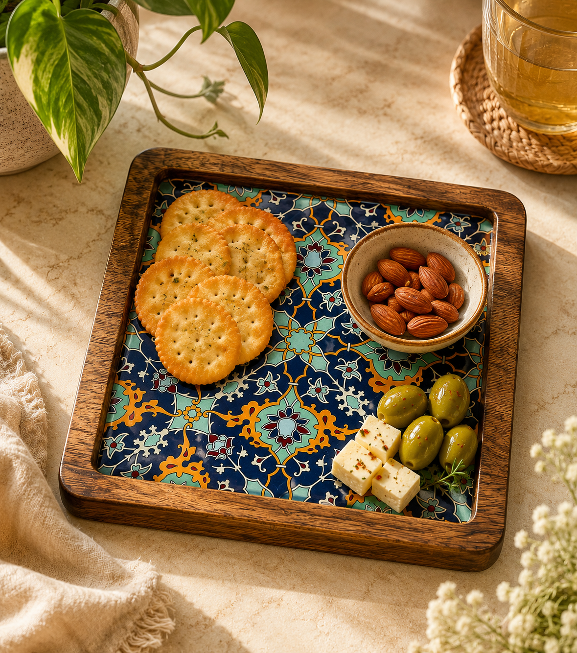 Handcrafted Wooden Serving Platter with Decorative Ceramic Tile Inlay