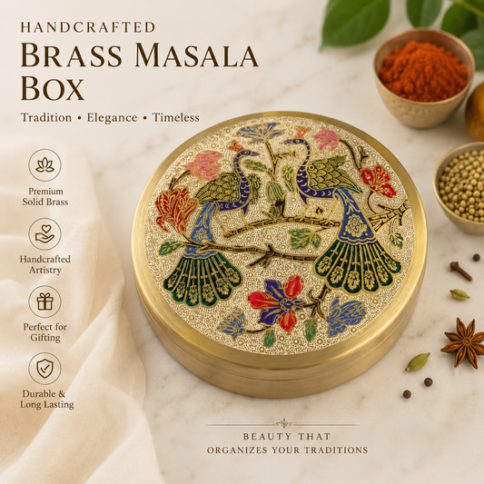 Handcrafted Brass Peacock Masala Box.
