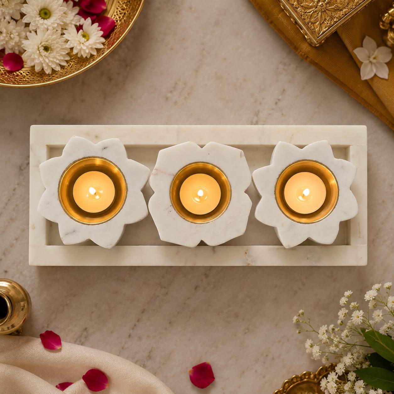 Lotus Marble Diya Set with Tray