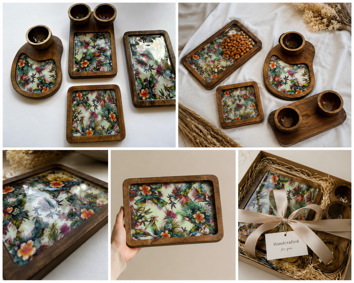 Elegant Wood & Resin 7-Piece Platter Set – Artisanal Serving Collection