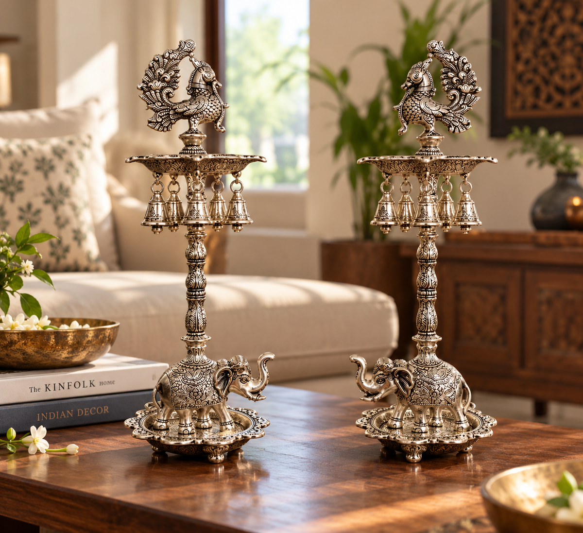 German Silver Hand-Engraved Peacock Samai/Diya with Elephant Base & Brass-Plated Plate | Traditional Indian Oil Lamp. Set of 2