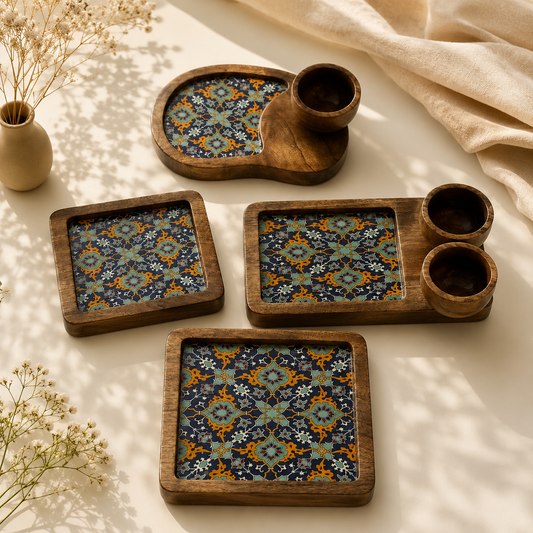 Handcrafted Wooden Serving Platter with Decorative Ceramic Tile Inlay