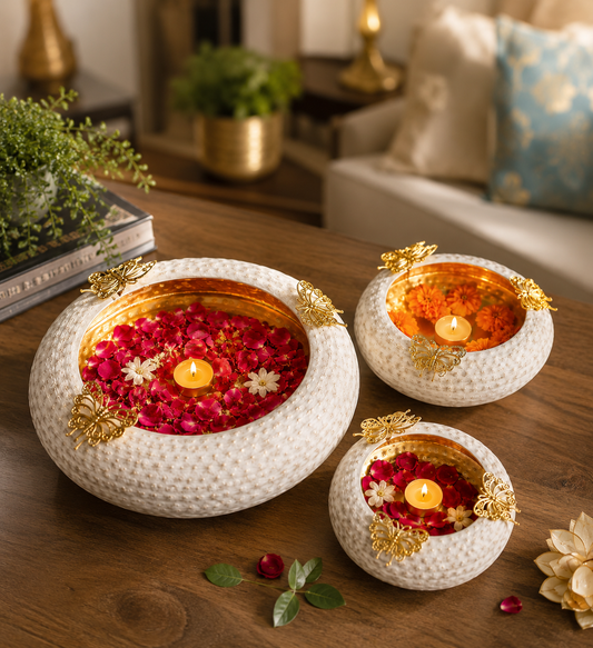 Handcrafted White & Gold Floating Flower & Candle Centerpieces
