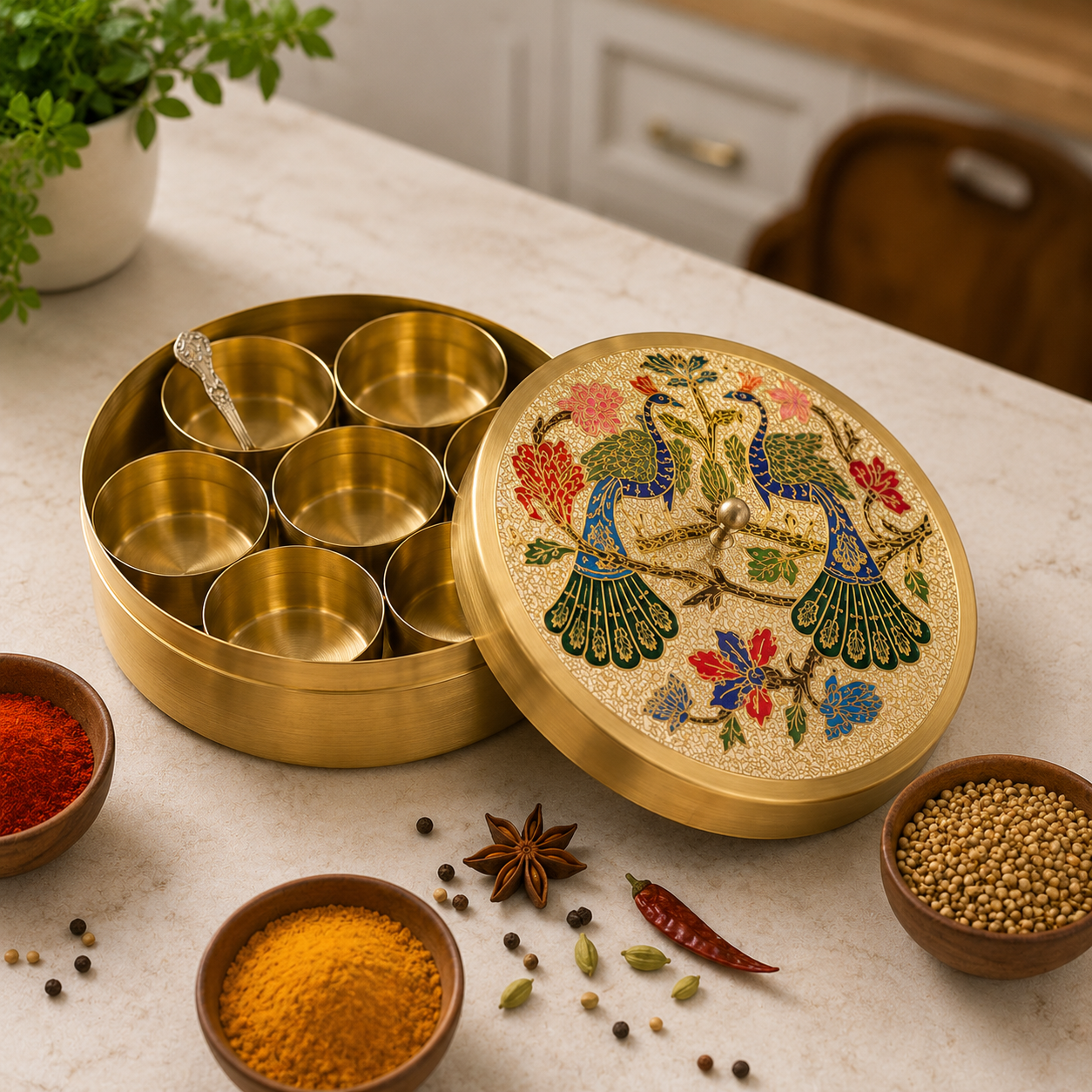 Handcrafted Brass Peacock Masala Box.