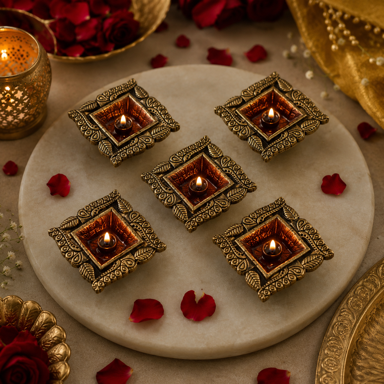 Handcrafted Terracotta Diya Set of 5 – Antique Finish Decorative Oil Lamps for Diwali & Home Décor