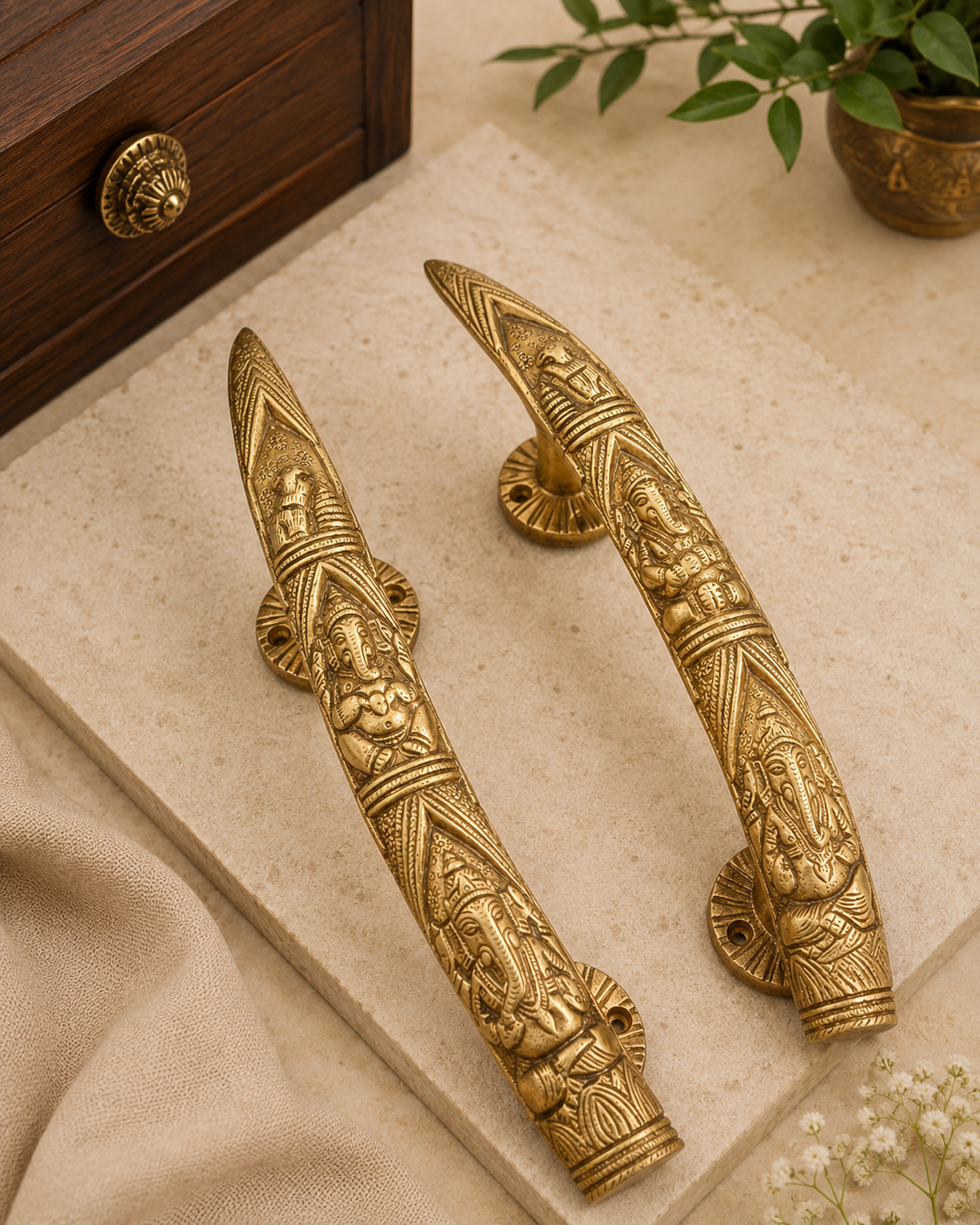 Handcrafted Brass Ganesha Door Handle Pair/ Traditional Indian Luxury Door Hardware.