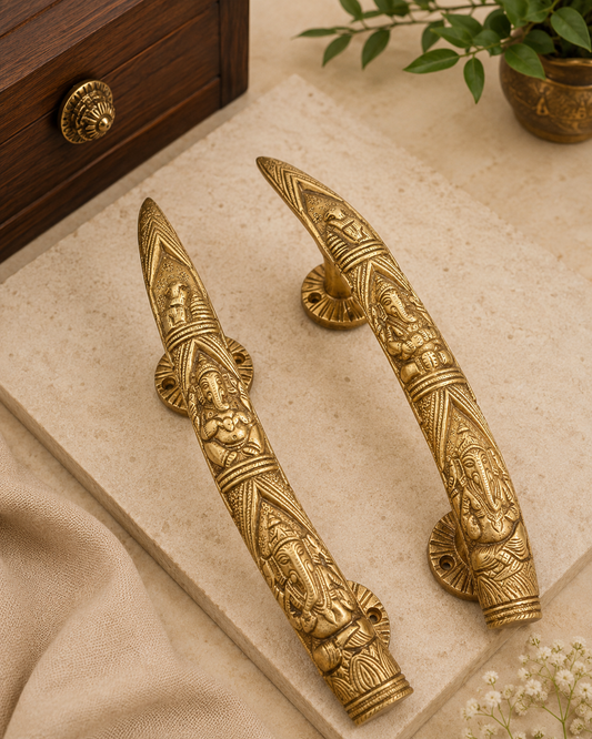 Handcrafted Brass Ganesha Door Handle Pair/ Traditional Indian Luxury Door Hardware.