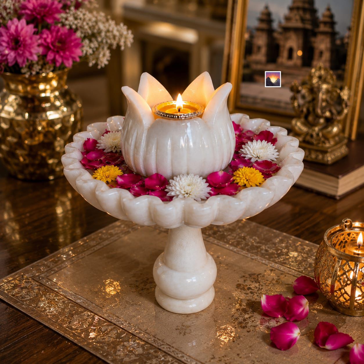 Luxury White Marble Lotus Urli Bowl with Pedestal Stand – Floating Candle & Flower Centerpiece for Elegant Home Décor