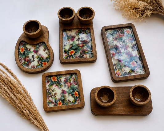 Elegant Wood & Resin 7-Piece Platter Set – Artisanal Serving Collection