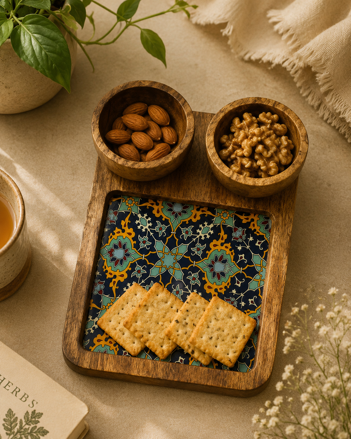 Handcrafted Wooden Serving Platter with Decorative Ceramic Tile Inlay