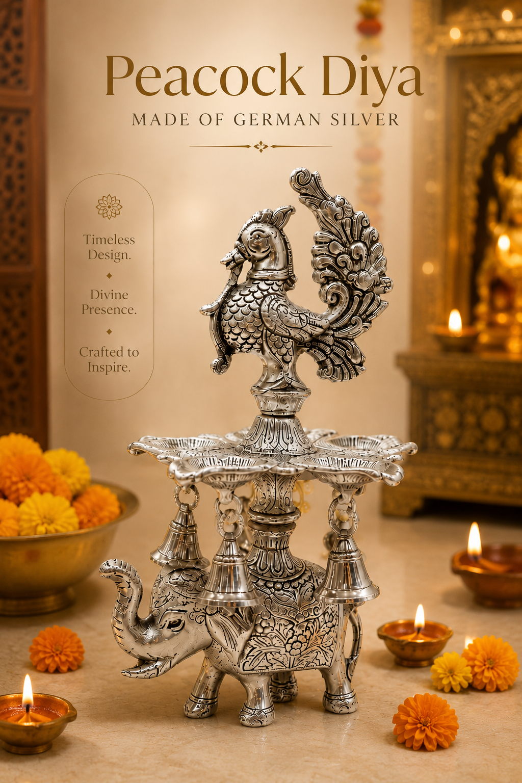 German Silver Peacock Diya