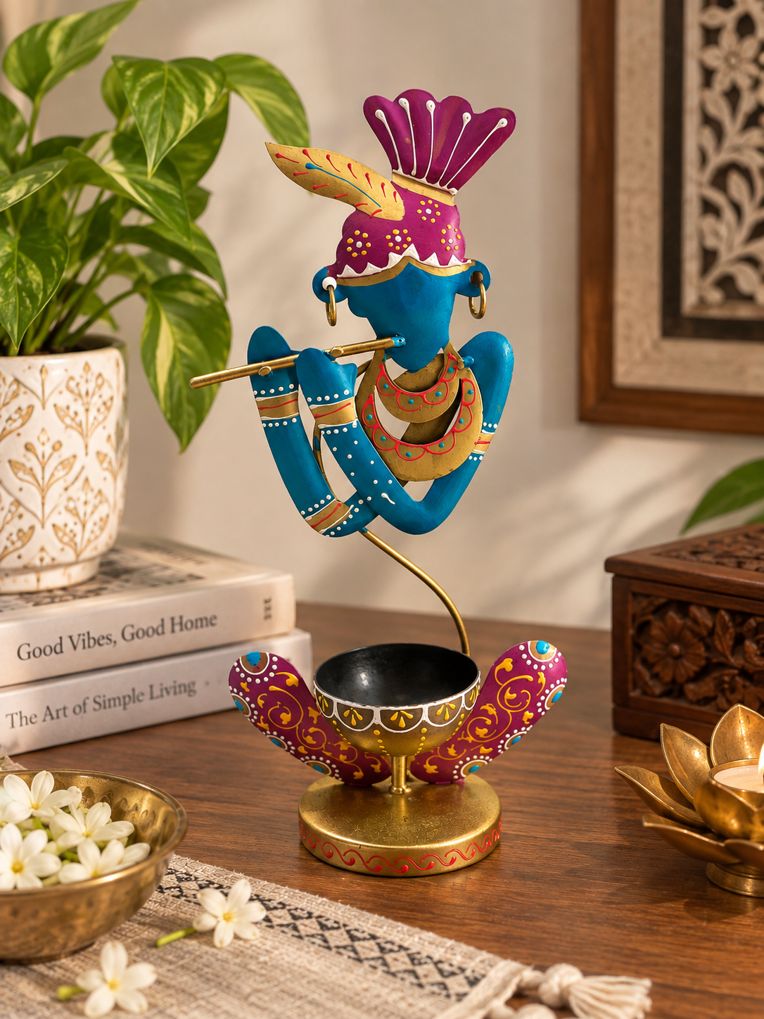 Melody of Krishna – Hand-Painted Decorative Tealight Holder