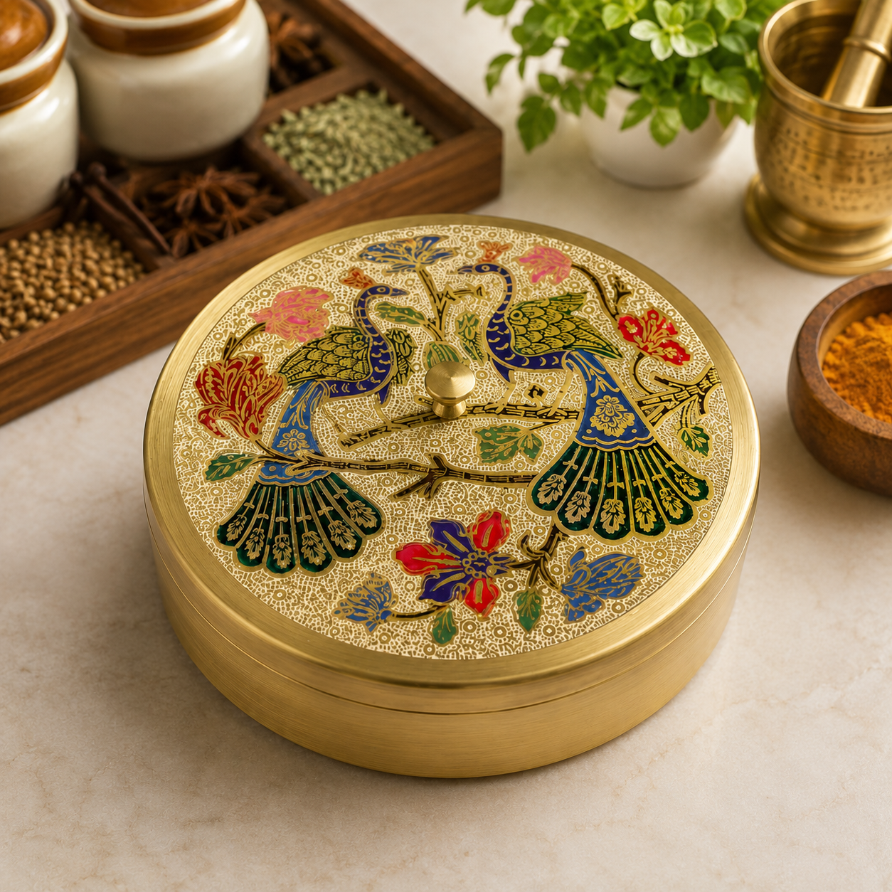 Handcrafted Brass Peacock Masala Box.