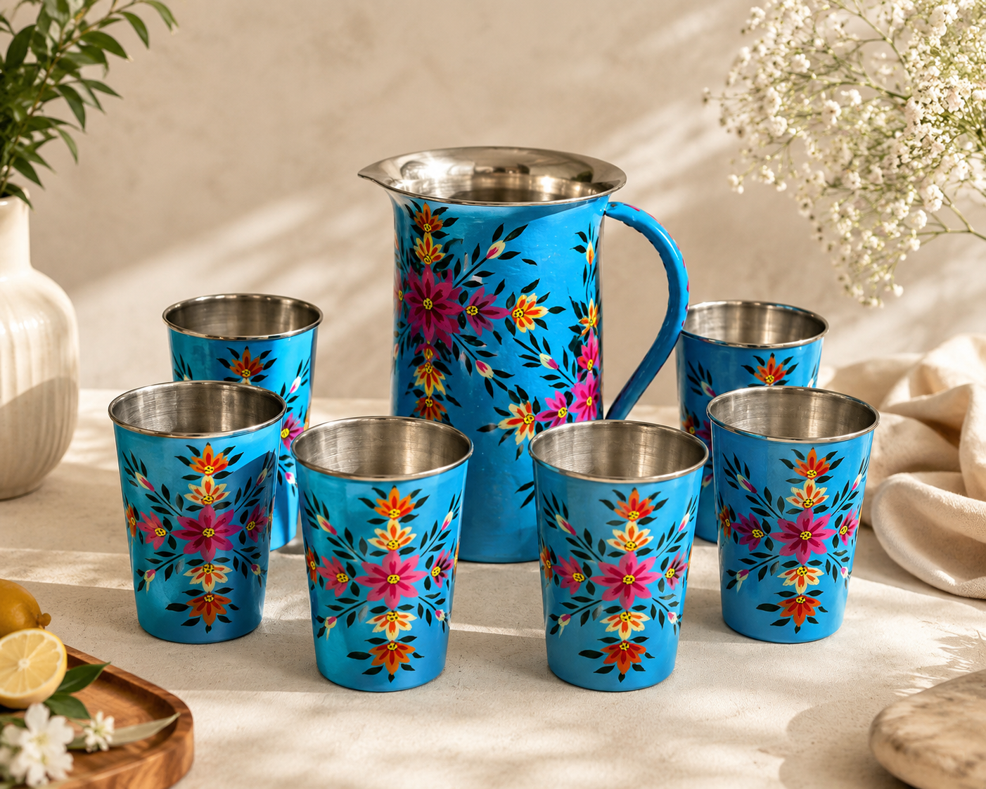 Hand-Painted Blue Floral Jug & Glass Set