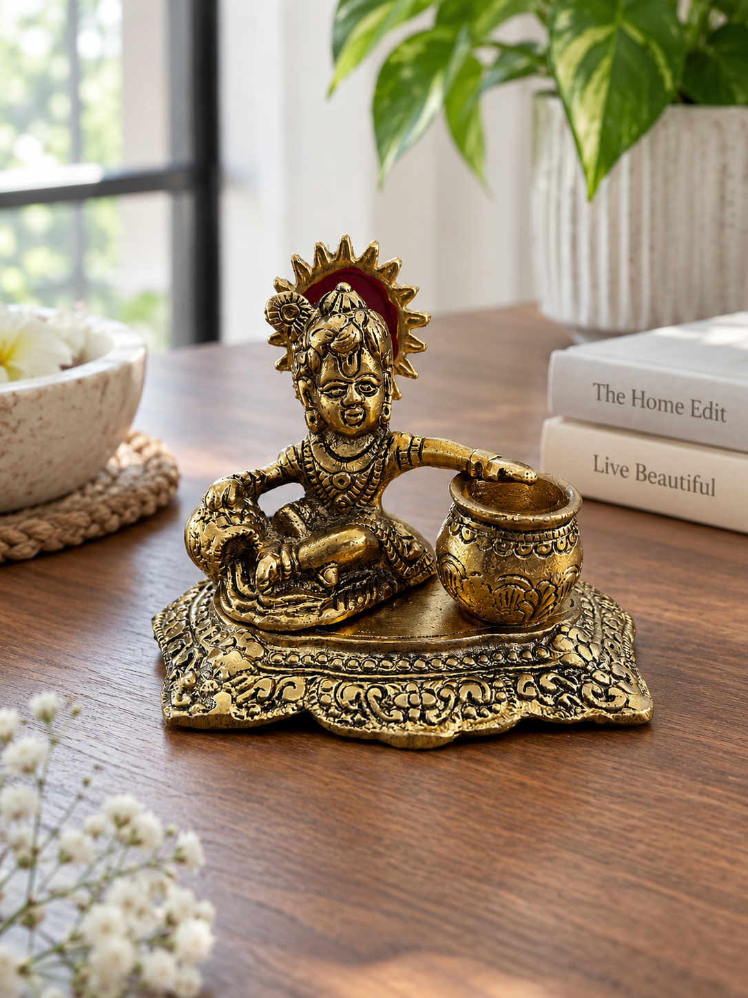 Divine Bal Krishna with Makhan Matki – Antique Gold Decorative Idol