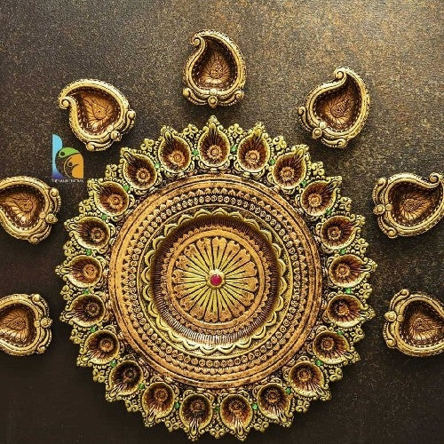 Terracotta 21 Diya Antique Metallic Shade Thali