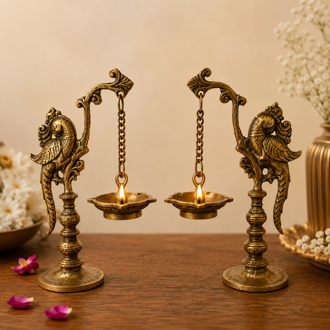 Mayura Heritage Brass Peacock Diya Stand Pair