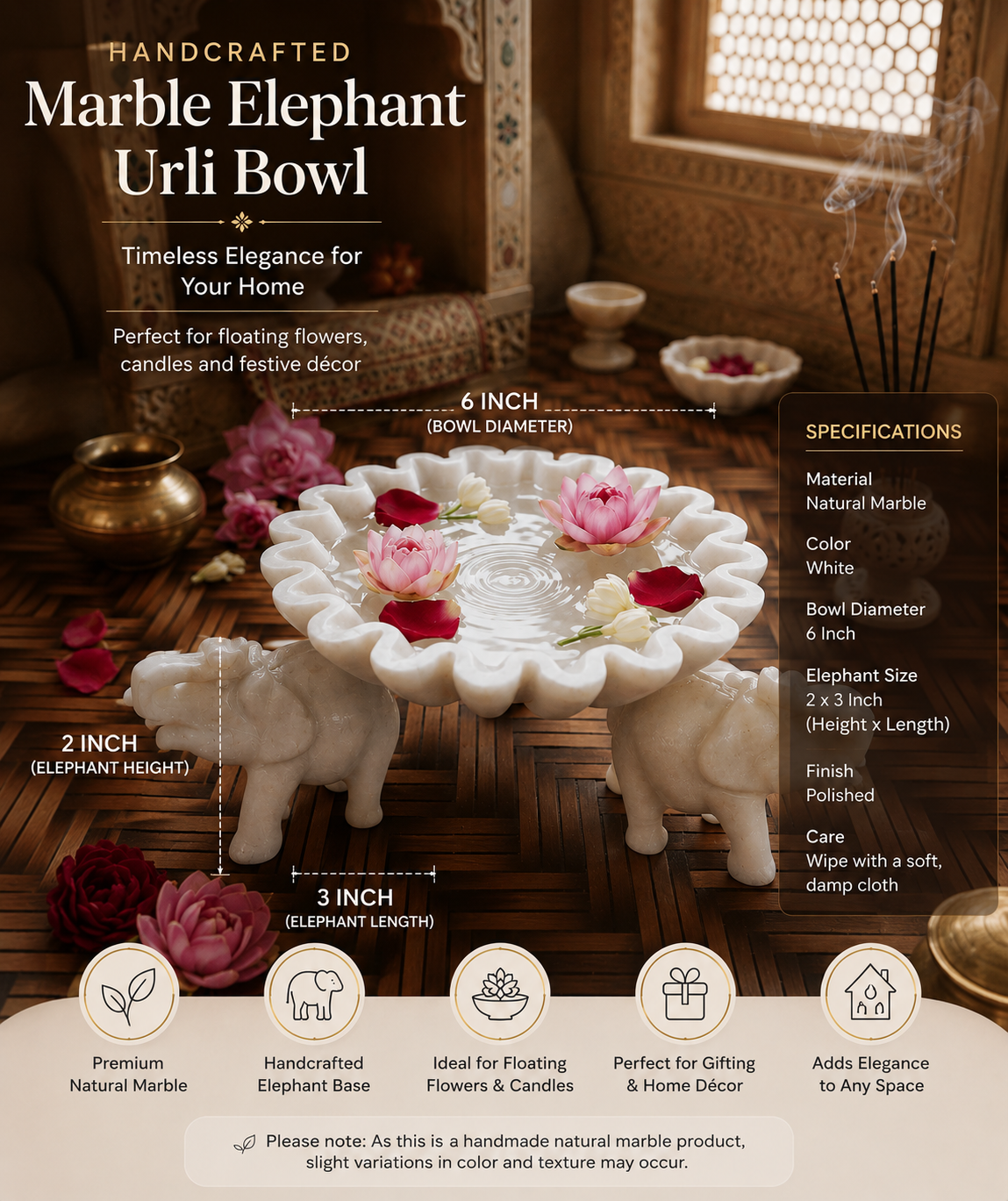 Handcrafted White Marble Elephant Urli – Luxury Floating Candle Bowl & Floral Centerpiece