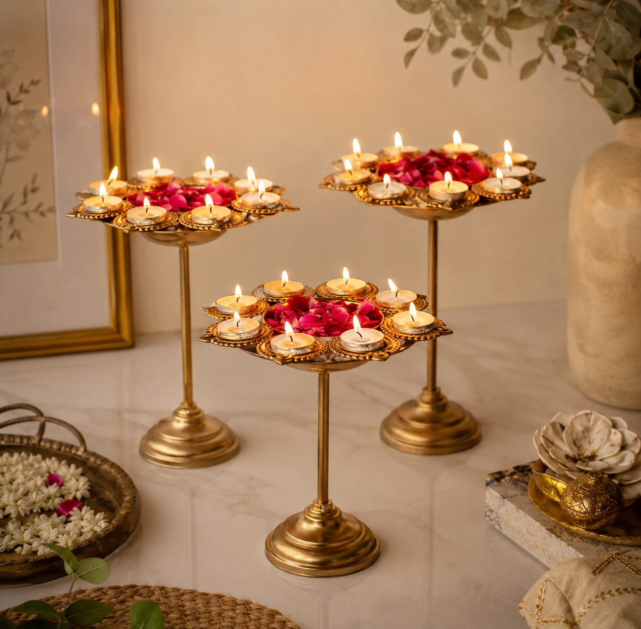 Royal Lotus Diya Pedestal Trio