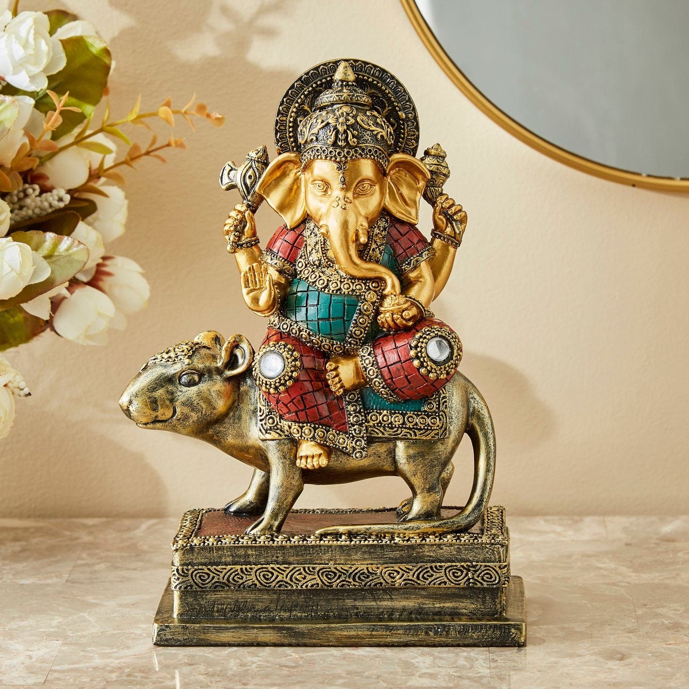 Divine lord Ganesha on his ride. Hindu god/Indian home/Diwali decor