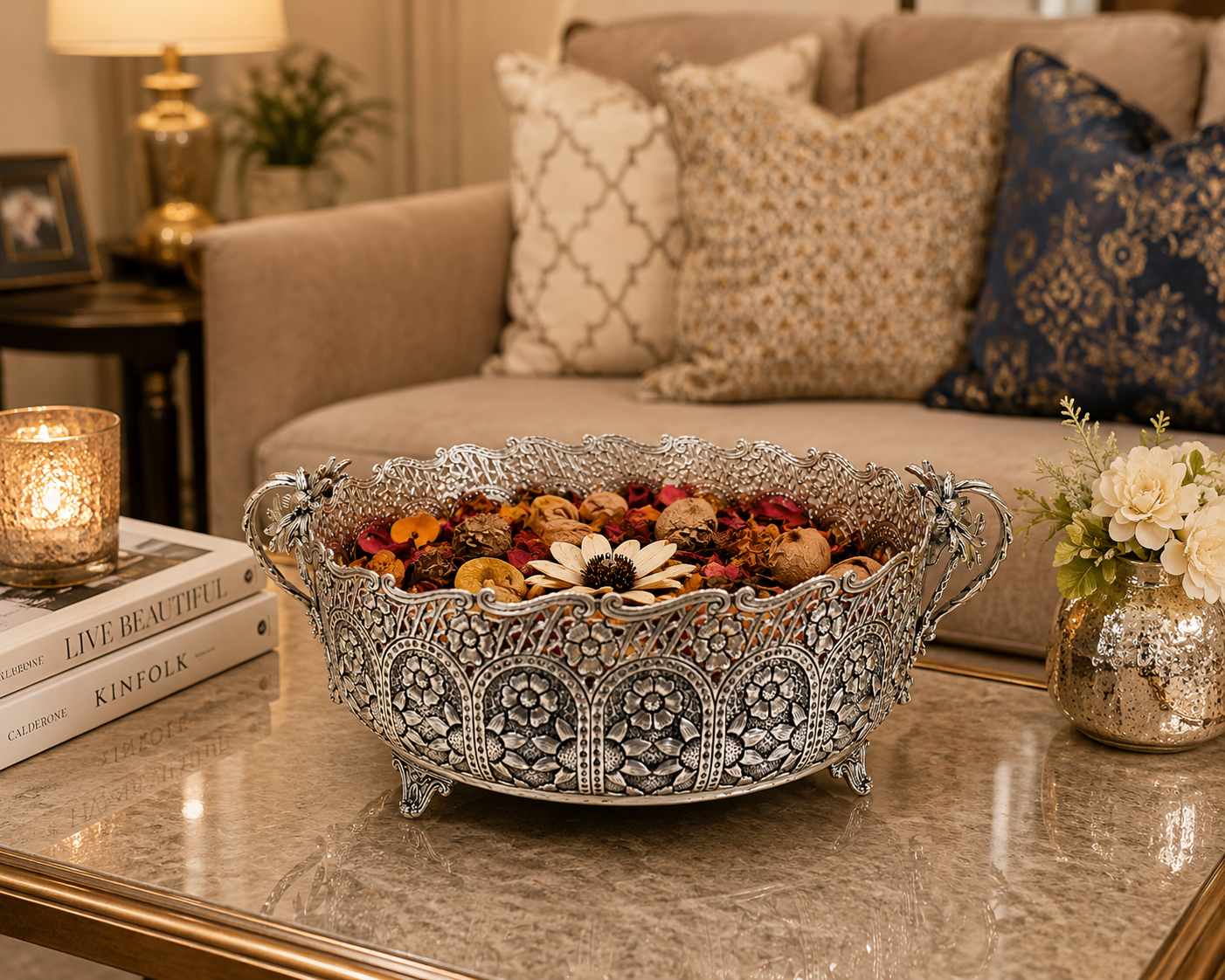 Royal Heritage German Silver Urli Bowl – Handcrafted Floral Centerpiece for Luxury Home Styling