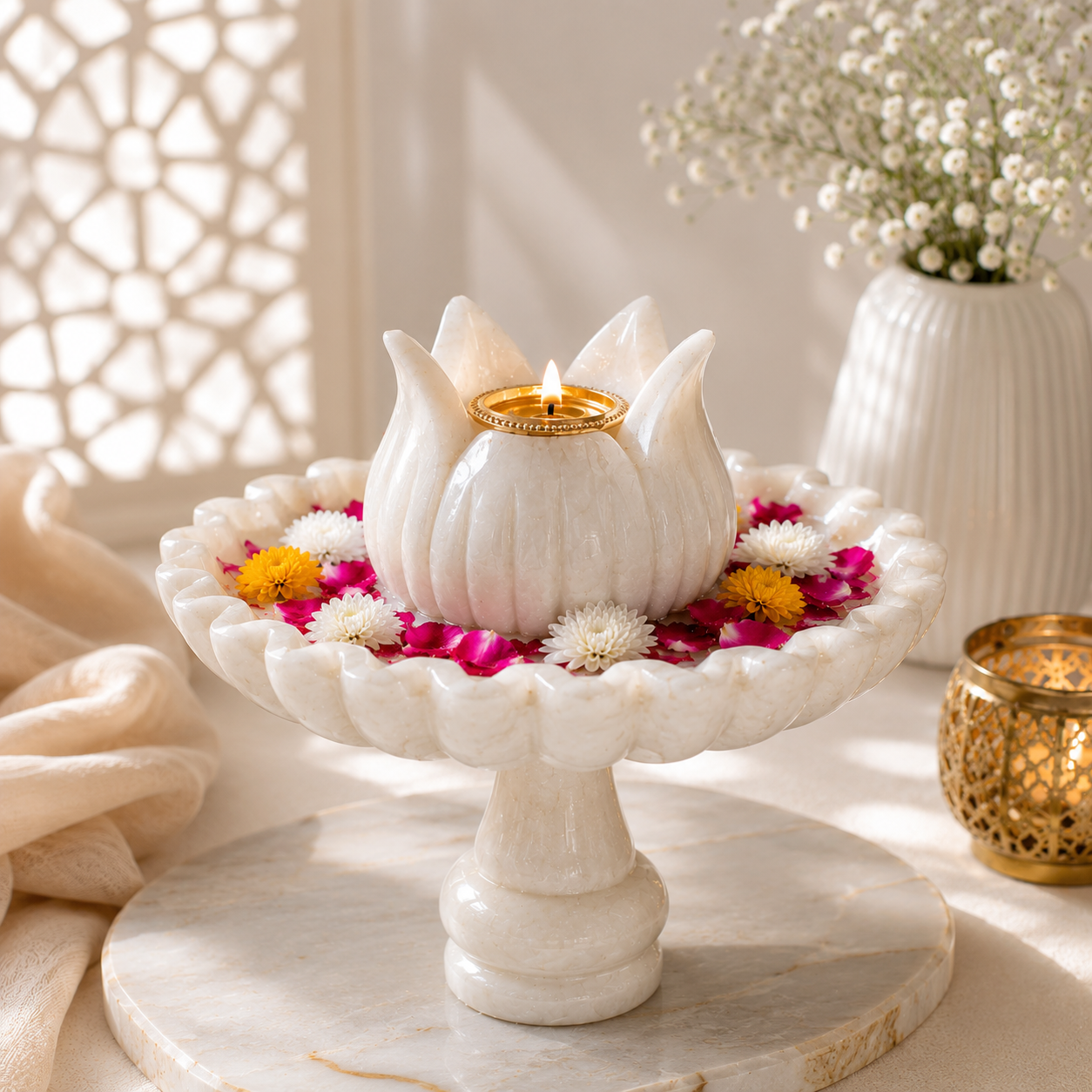 Luxury White Marble Lotus Urli Bowl with Pedestal Stand – Floating Candle & Flower Centerpiece for Elegant Home Décor