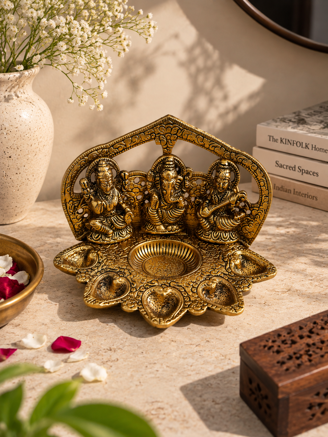 Divine Lakshmi Ganesha Saraswati Multi Diya – Antique Gold