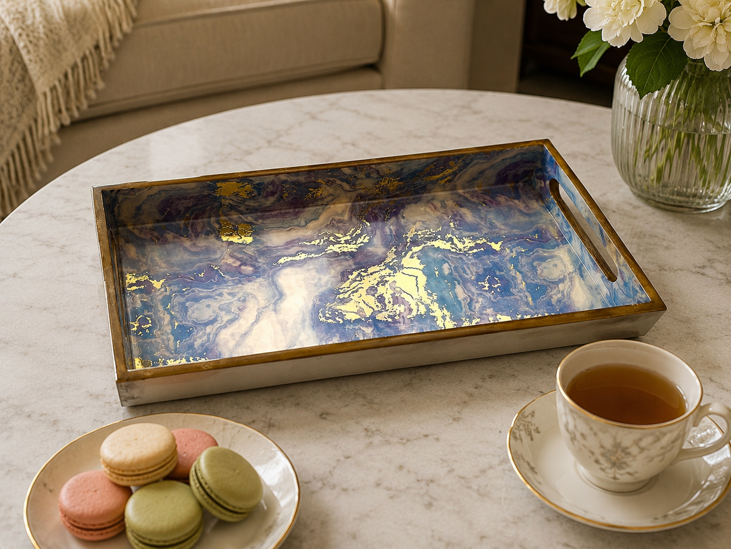 Luxury Blue Decorative Serving Tray Set of 3 with Gold Accents | Handmade Coffee Table & Ottoman Trays