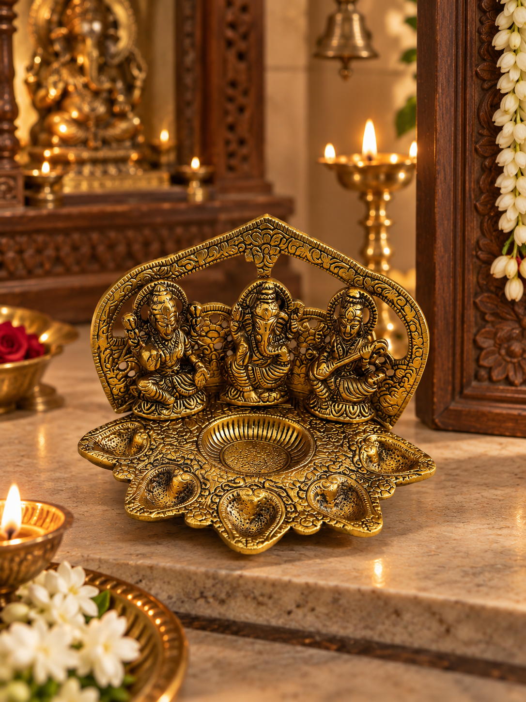 Divine Lakshmi Ganesha Saraswati Multi Diya – Antique Gold