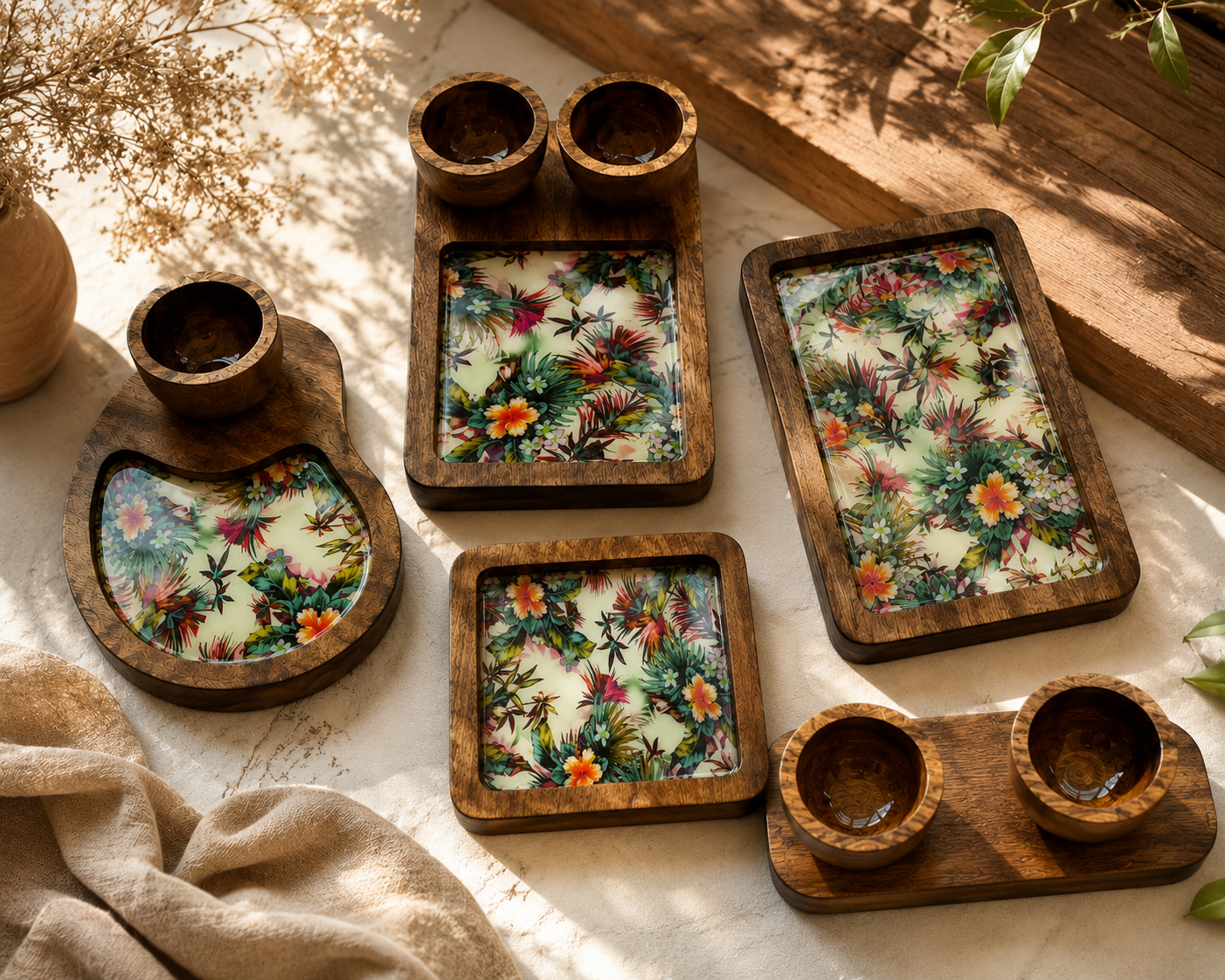 Elegant Wood & Resin 7-Piece Platter Set – Artisanal Serving Collection