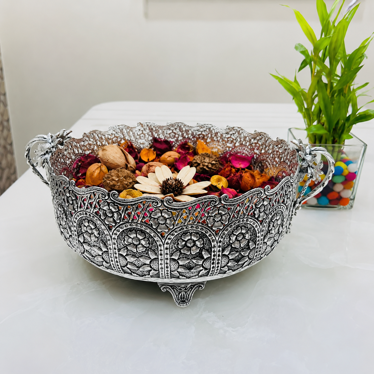 Royal Heritage German Silver Urli Bowl – Handcrafted Floral Centerpiece for Luxury Home Styling