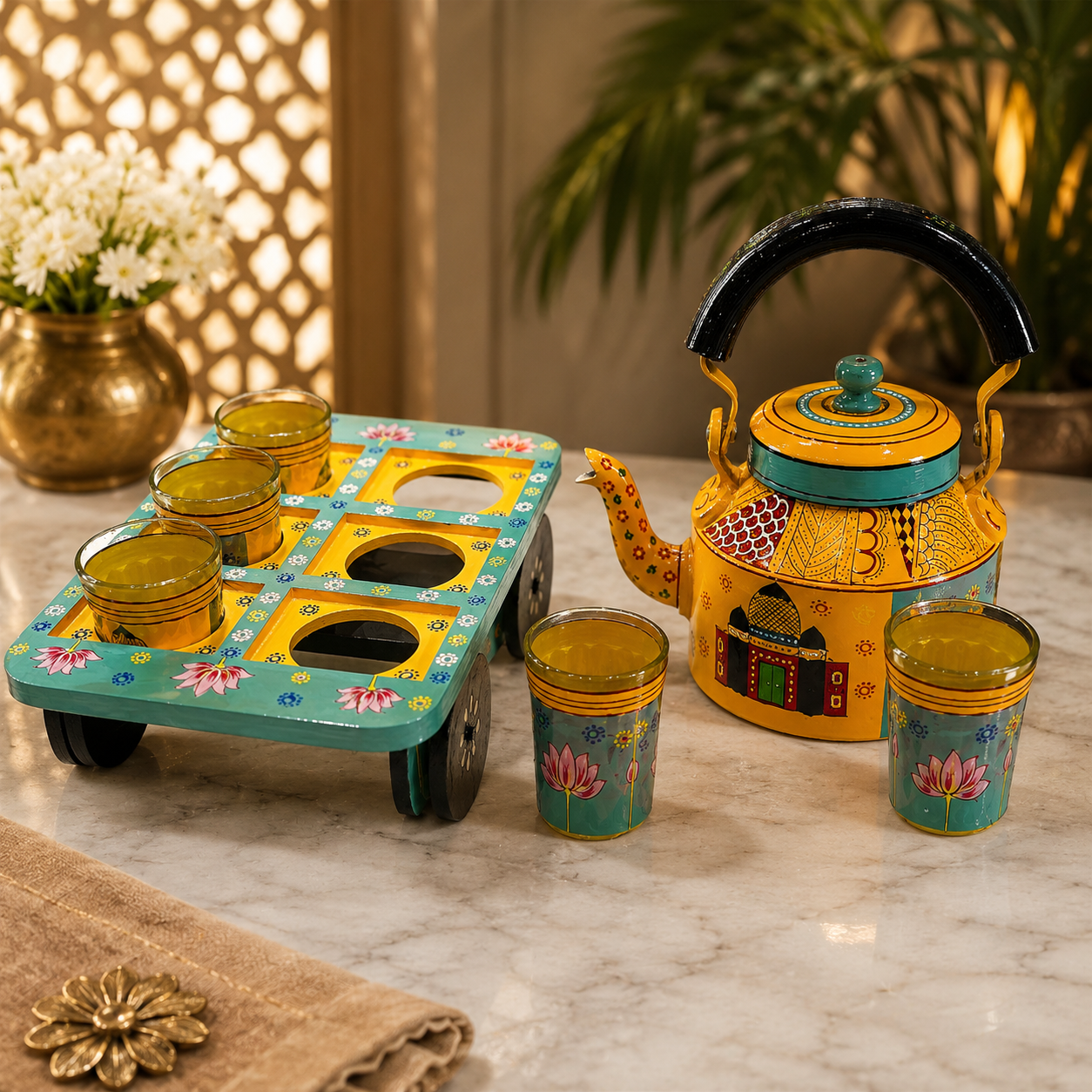 Royal Indian Folk Art Tea Kettle & 6 Glass Set with Handcrafted Wooden Serving Tray