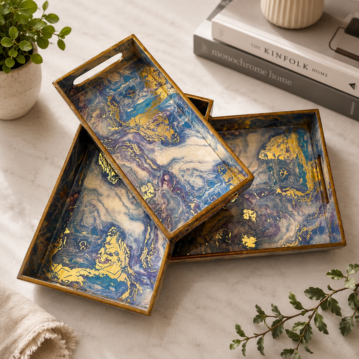 Luxury Blue Decorative Serving Tray Set of 3 with Gold Accents | Handmade Coffee Table & Ottoman Trays