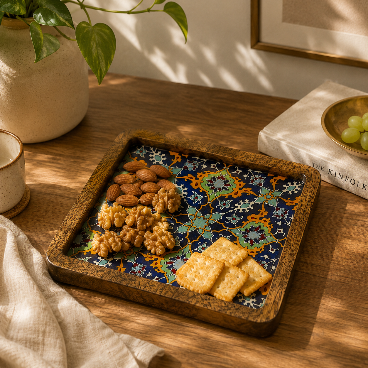 Handcrafted Wooden Serving Platter with Decorative Ceramic Tile Inlay
